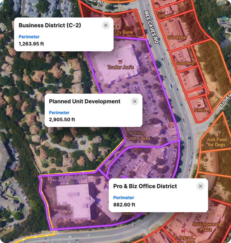 Zoning districts drawn on a Land id map with perimeter readouts