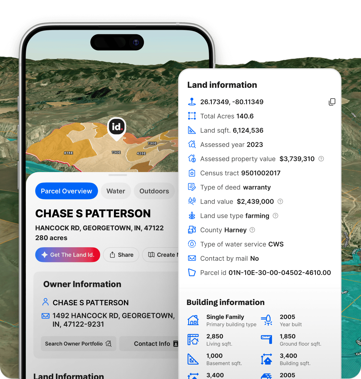 A Land id parcel card on a phone beside a building information panel