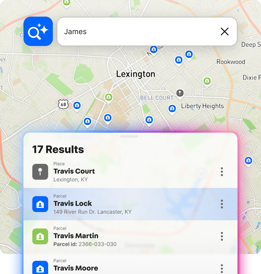 AI Smart Search on a Land id map, showing owner-name results across Lexington