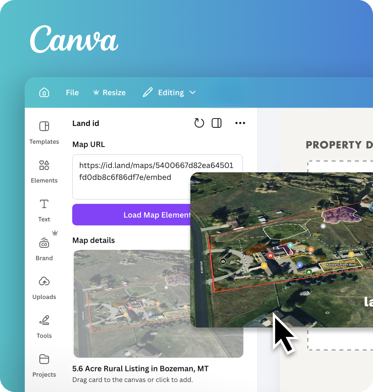 The Land id app inside Canva, dragging a map card onto a property flyer