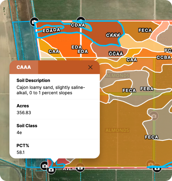 Soil survey overlay on a Land id map with a soil report panel open