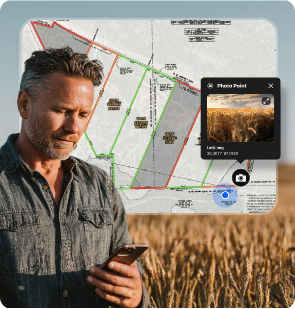 A site plan overlaid on a Land id map, with a geotagged photo point pinned in the field