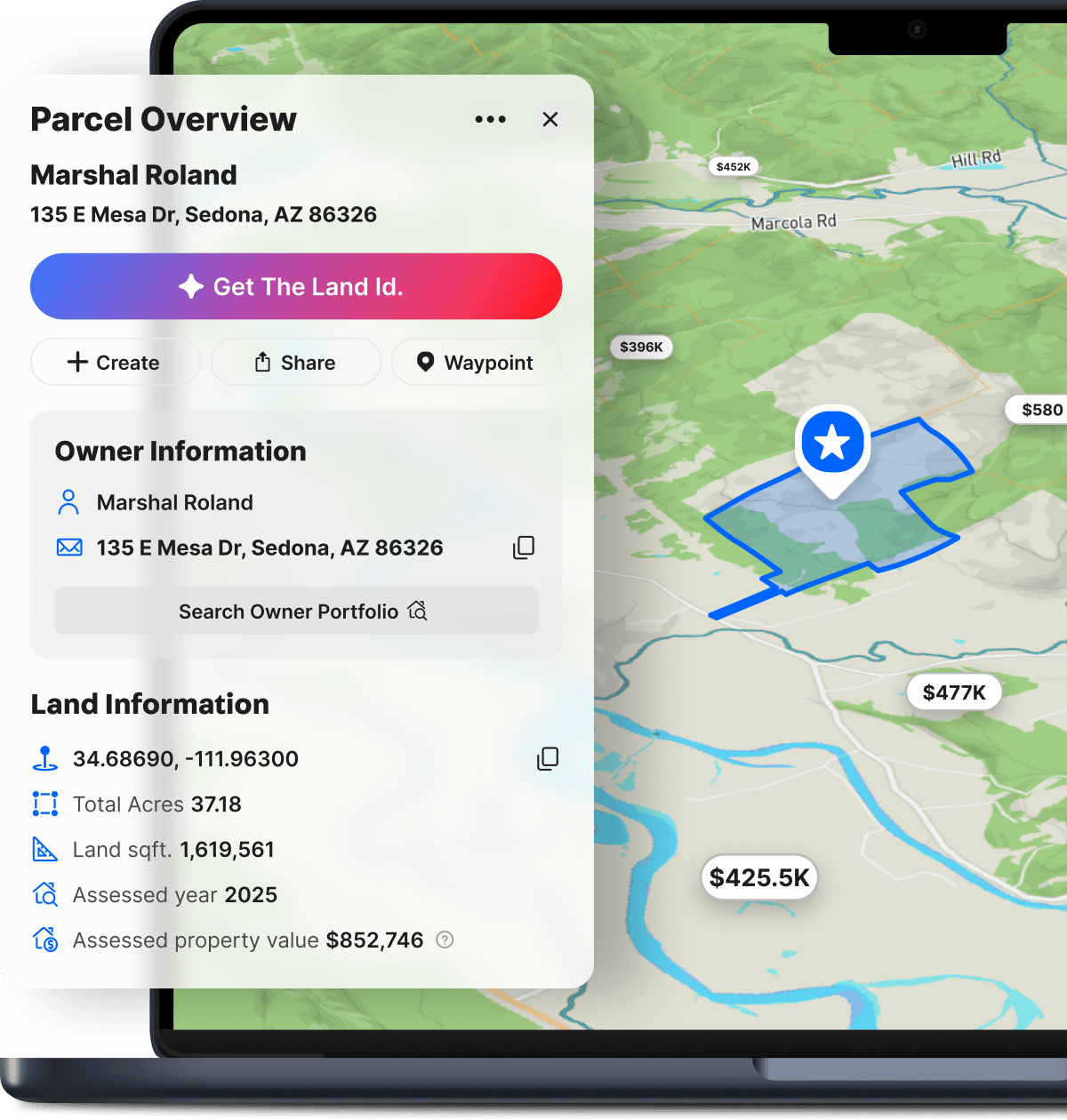 Land id parcel overview showing owner information and property data beside a mapped parcel