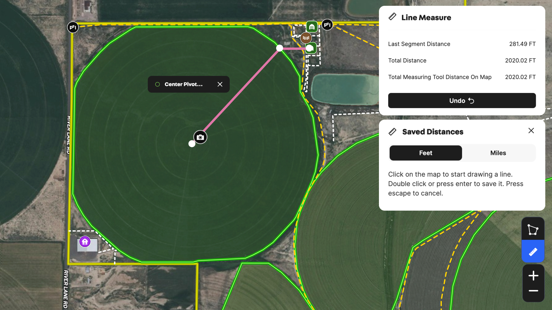 Measurement tool being used on share map to measure the distance of pivot from center to edge