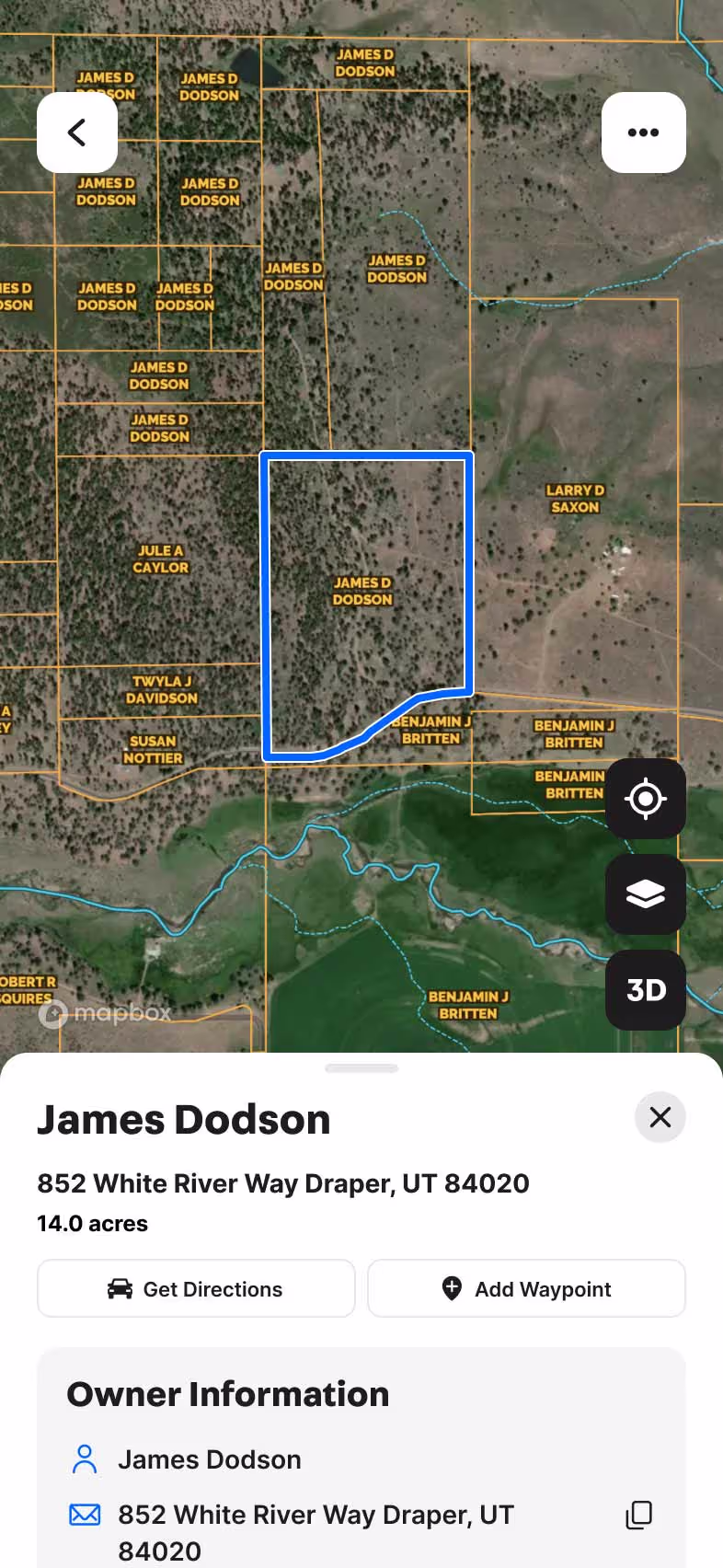 Screenshot of the Land id mobile app showing a map with parcels labeled in yellow.