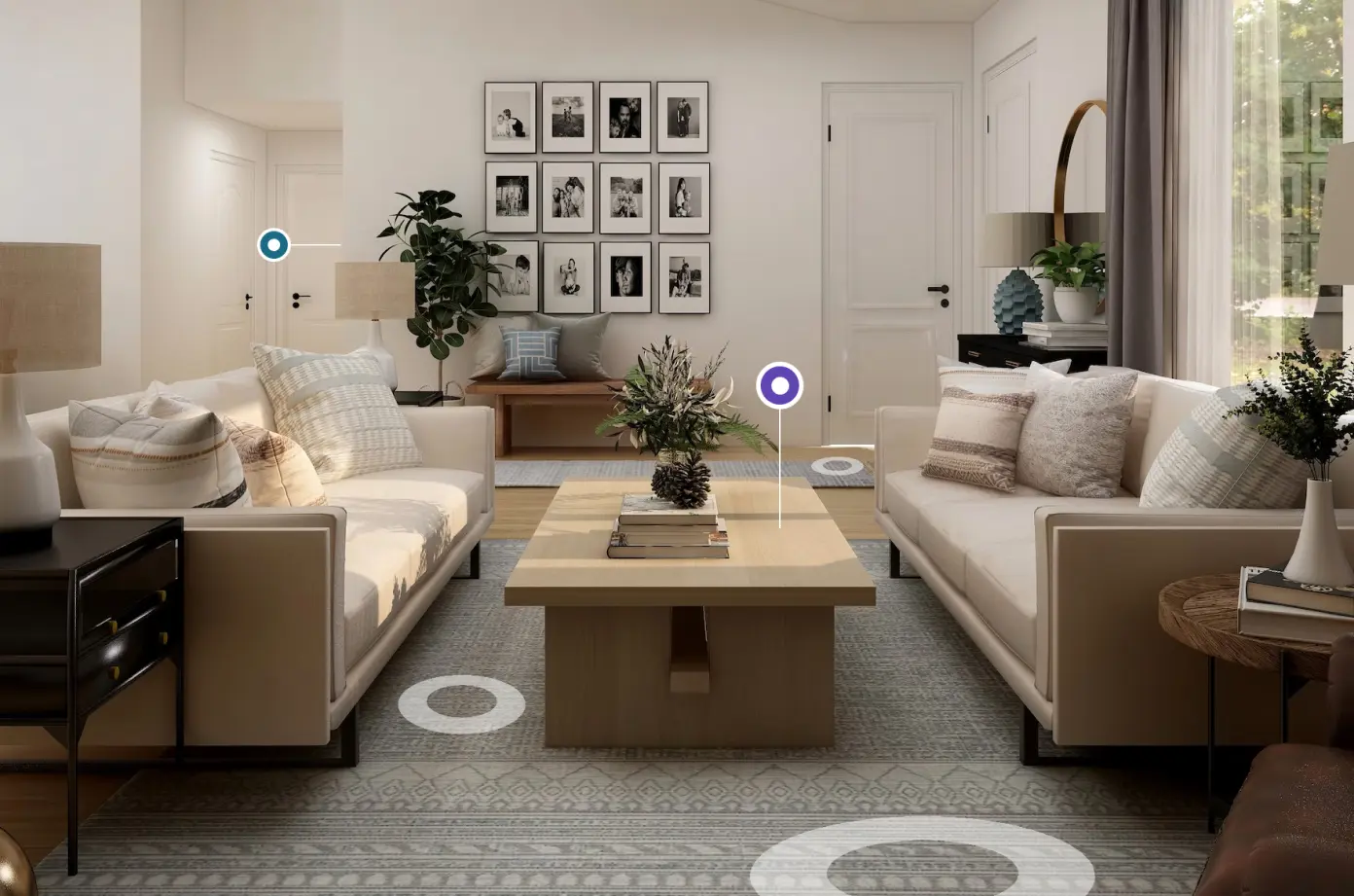 drone image featuring two couches, a chair, lamps, and a table