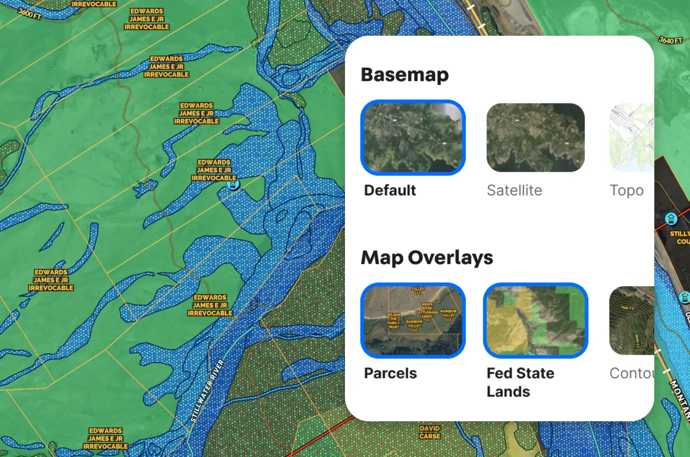 Highlighted Default Basemap, Parcels, and Fed State Lands