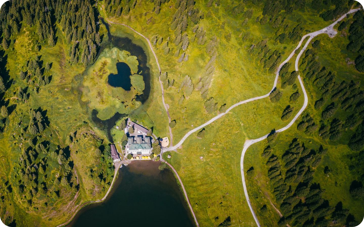An aerial shot of a property by a lake, surrounded by trees.