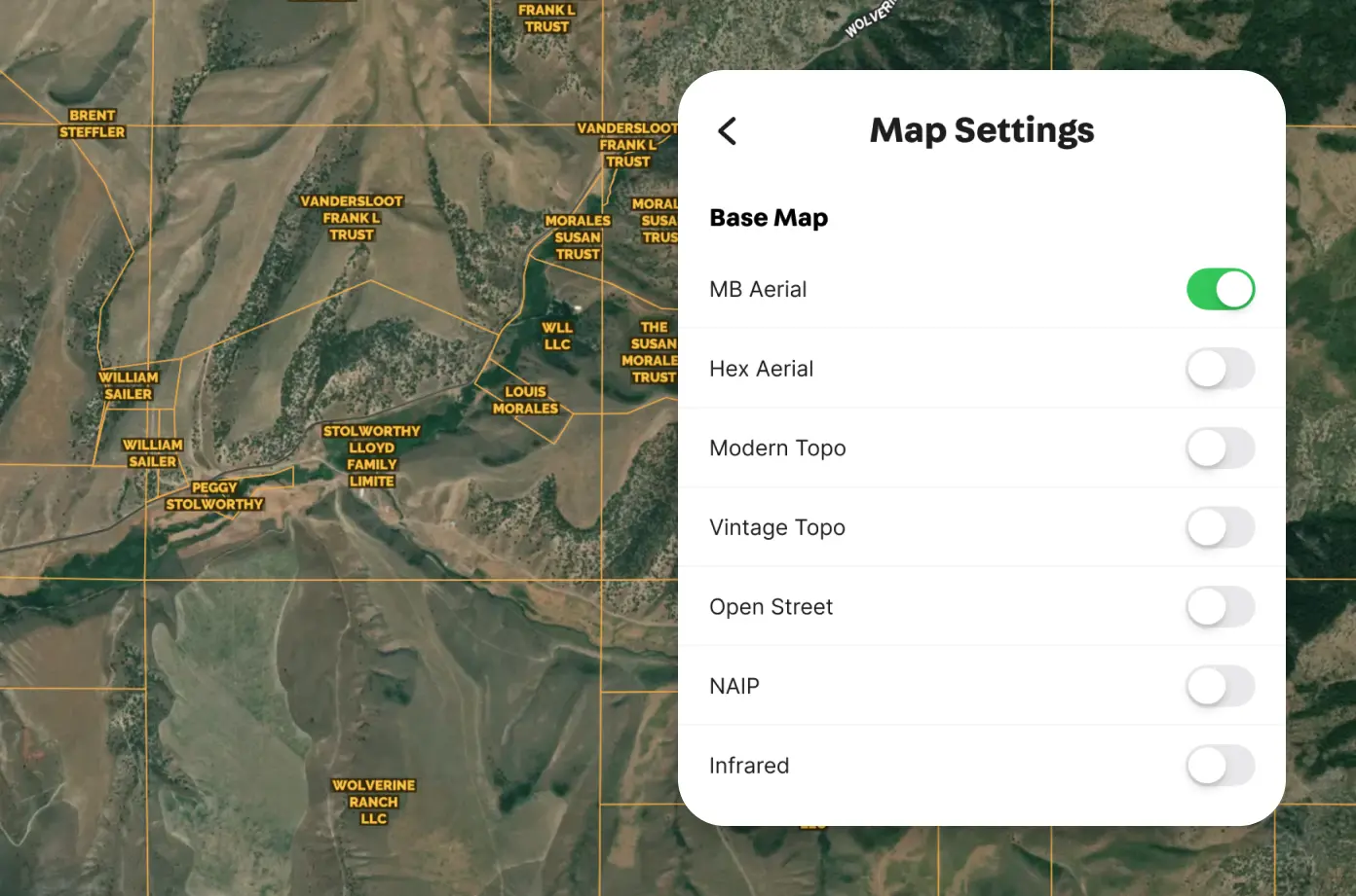MB Aerial Tab selected for map settings over map