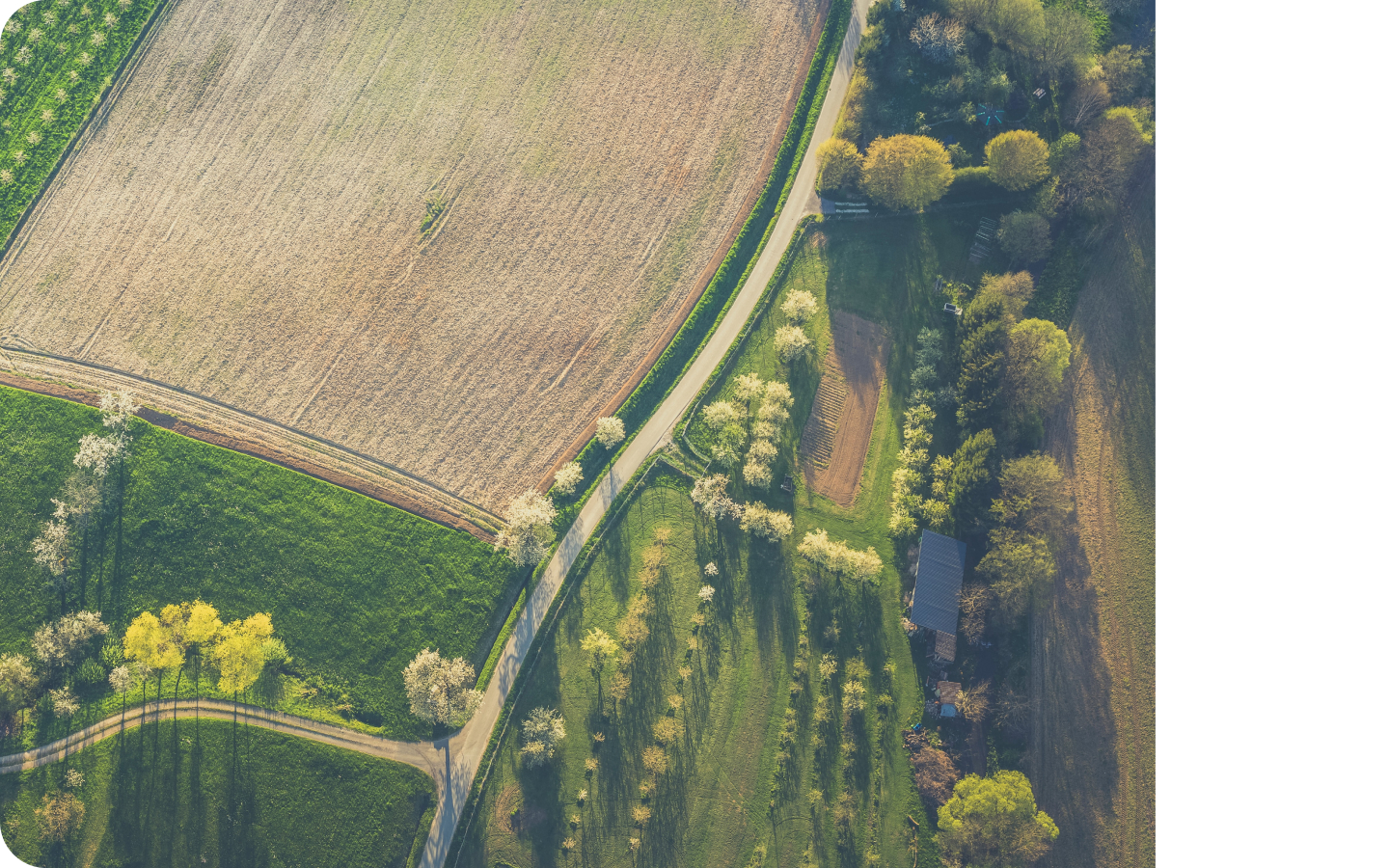 An aerial shot of plains of land with a road running through.