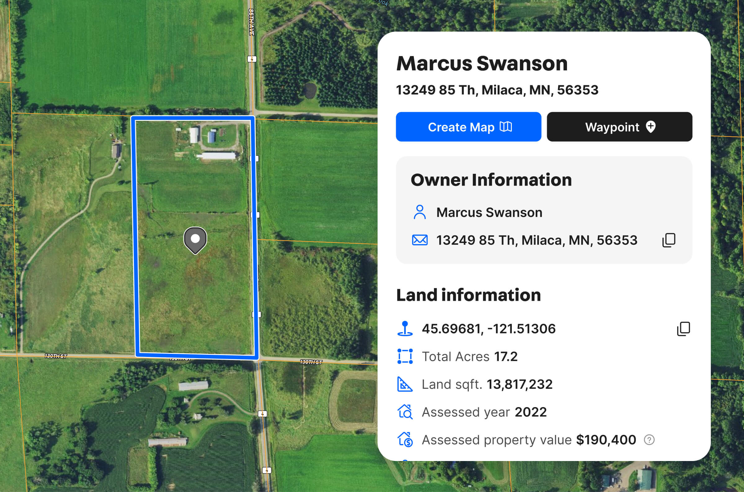 Screenshot of map showing owner's info and housing location