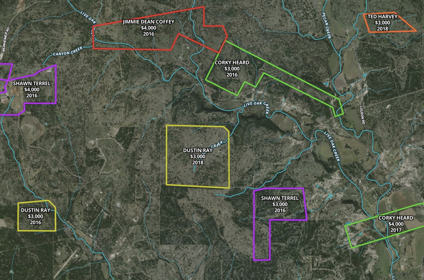 A custom map image showing serval outlines parcels and their corresponding owner labels.