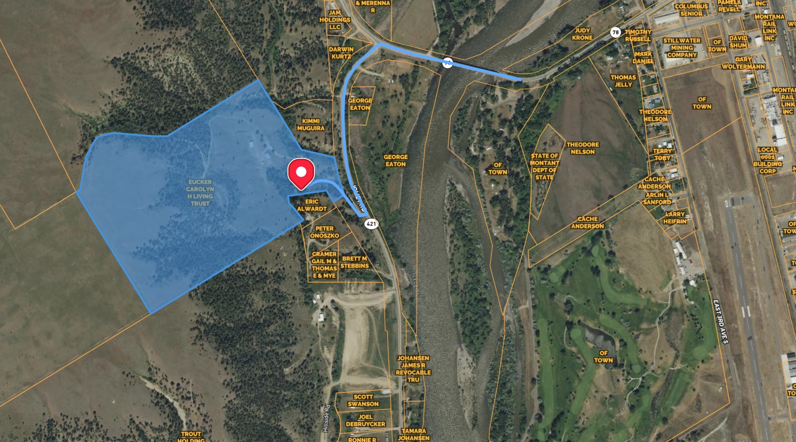 Map image showing individuals parcels with yellow labels and a waypoints icon.