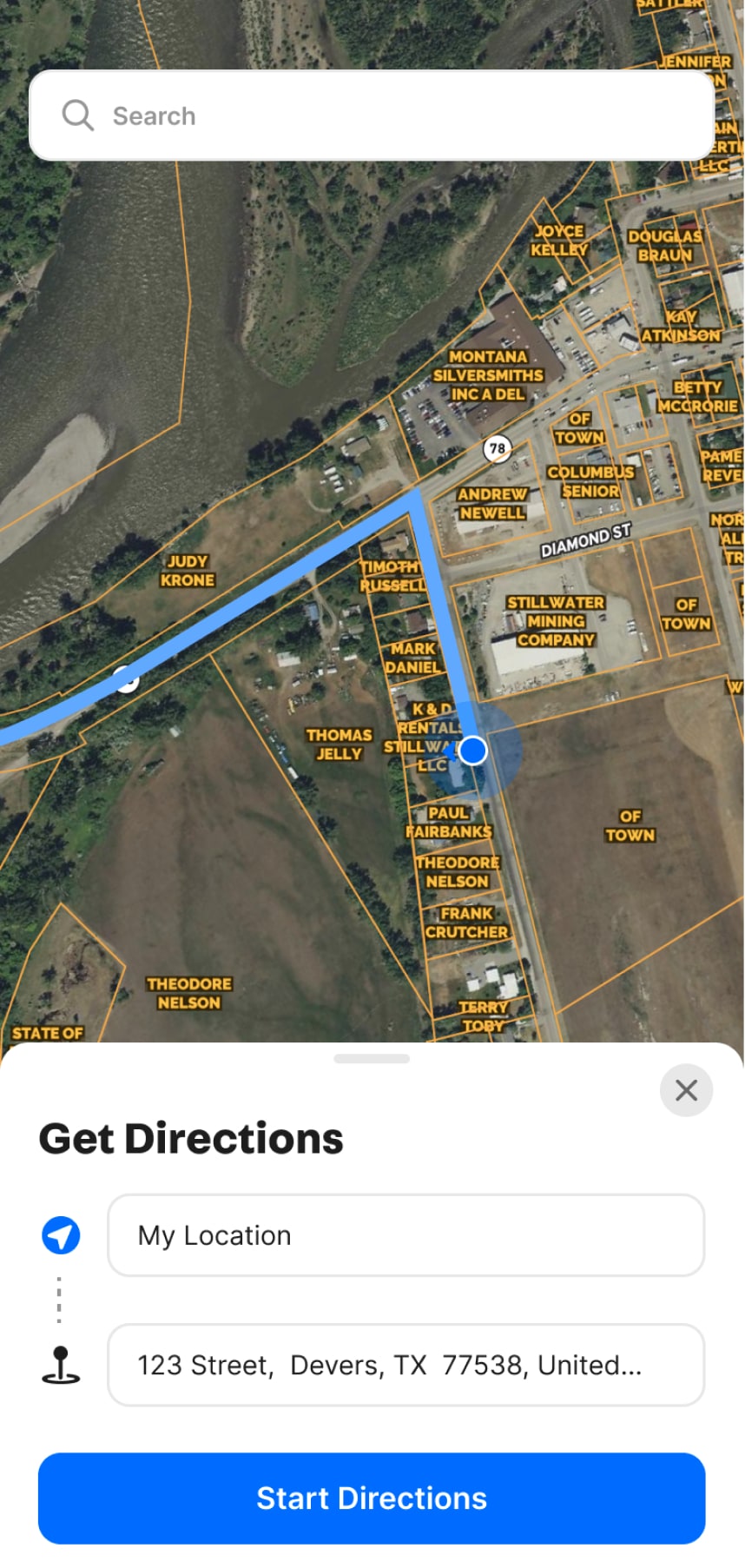 Screenshot of the Land id mobile app showing a directions modal.