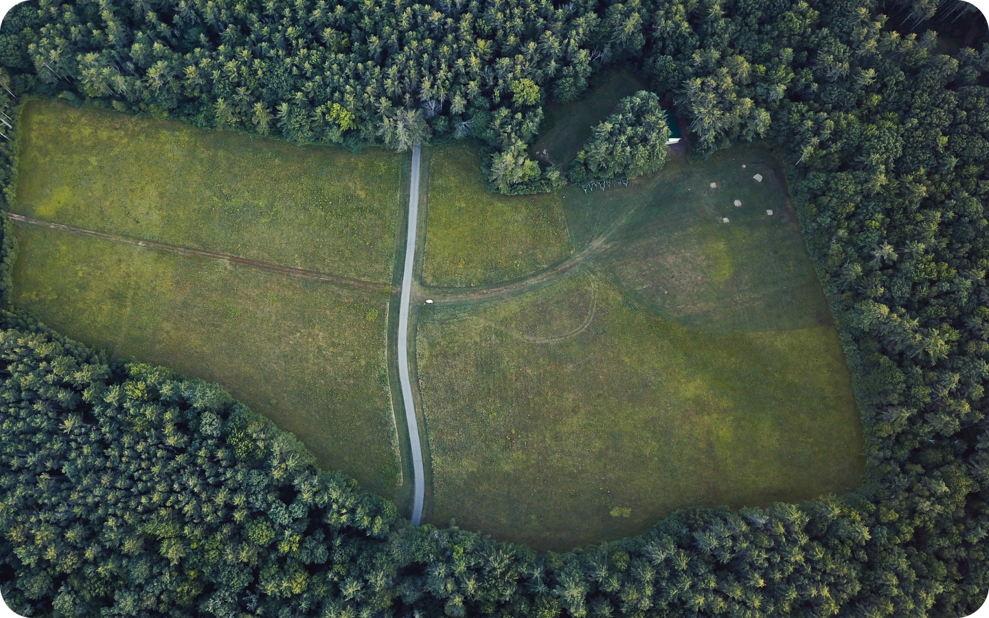 An aerial shot of a road between two forests.