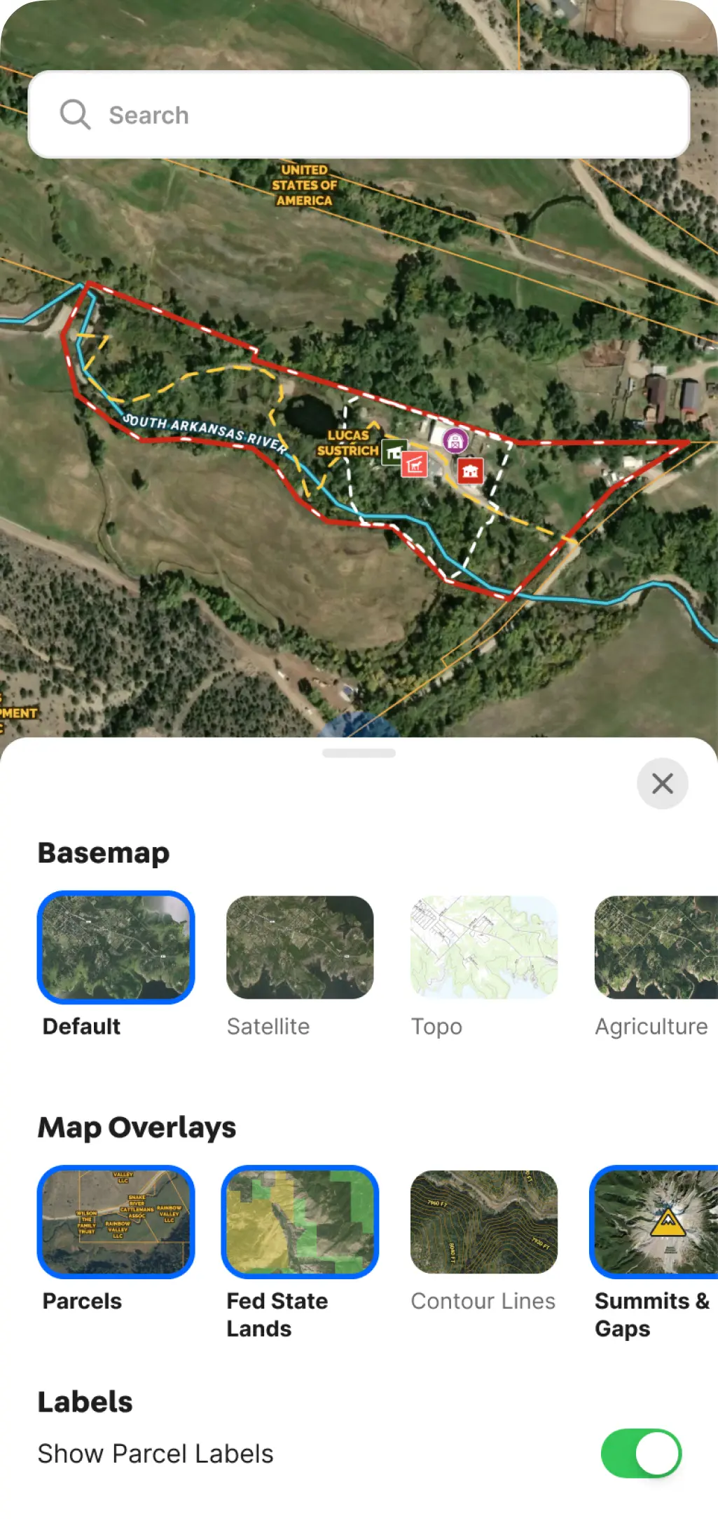 Selected Default, Parcels, Fed State Lands, and Summits & Gaps - showing Parcels labels