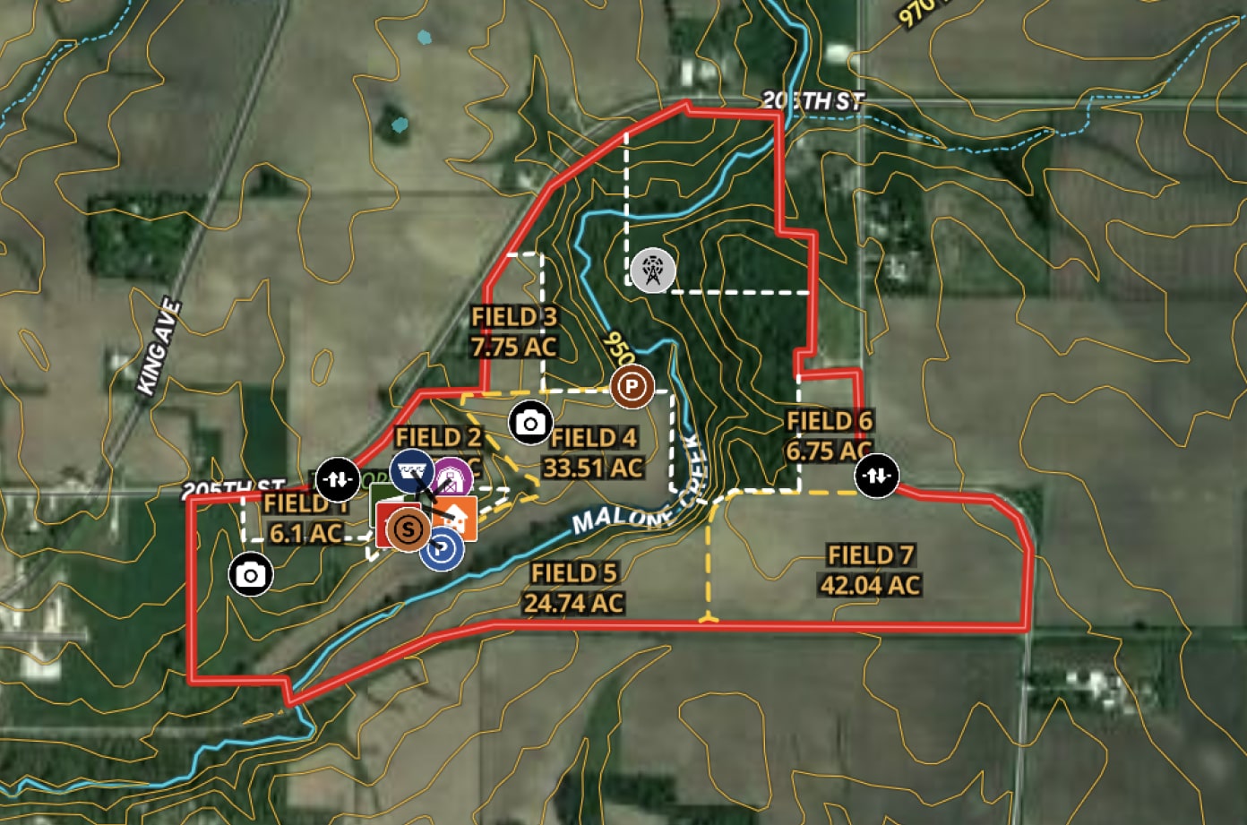 A custom map image showing a satellite image with icons added to mark important points.