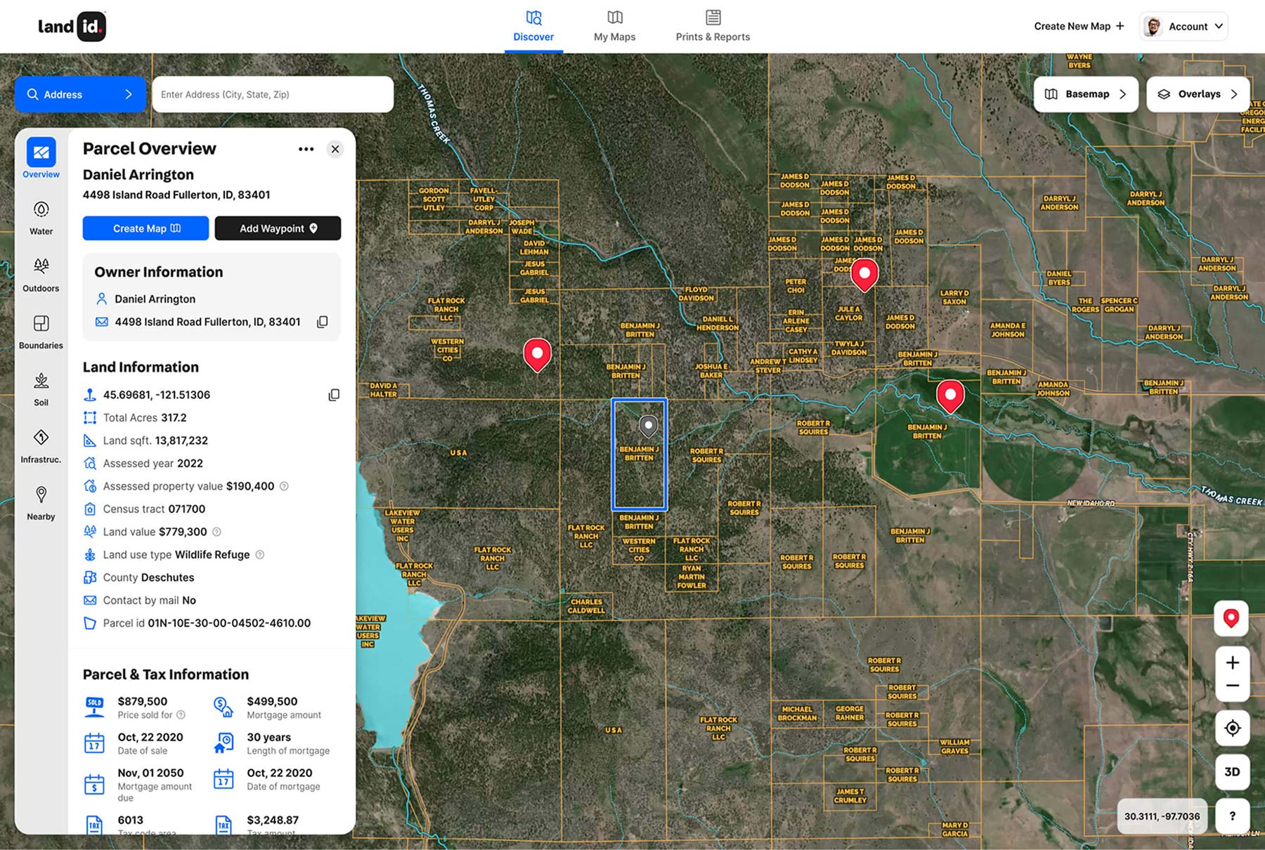 Screenshot of the Land id desktop app showing a selected parcel and information that corresponds to it.