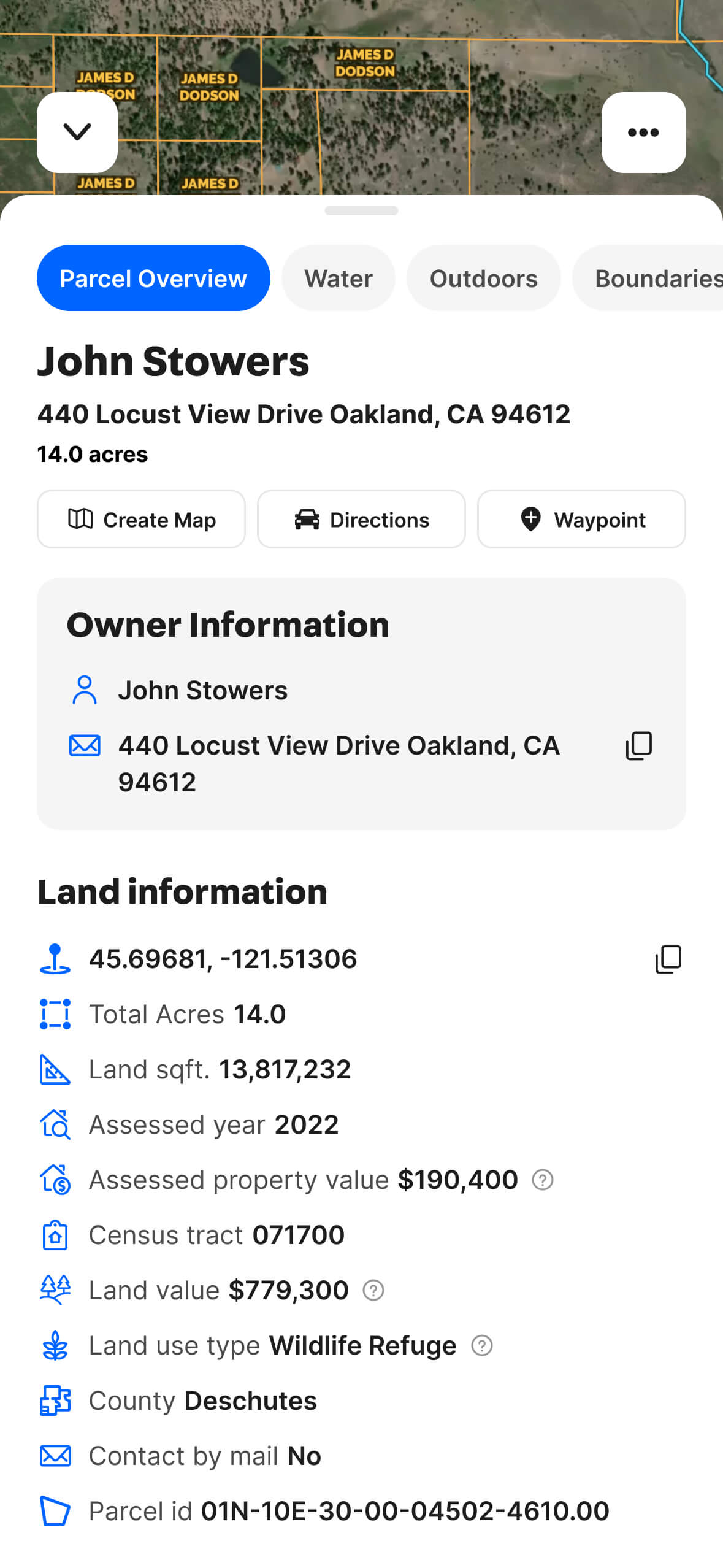 Screenshot of the Land id mobile app with parcel information displayed.