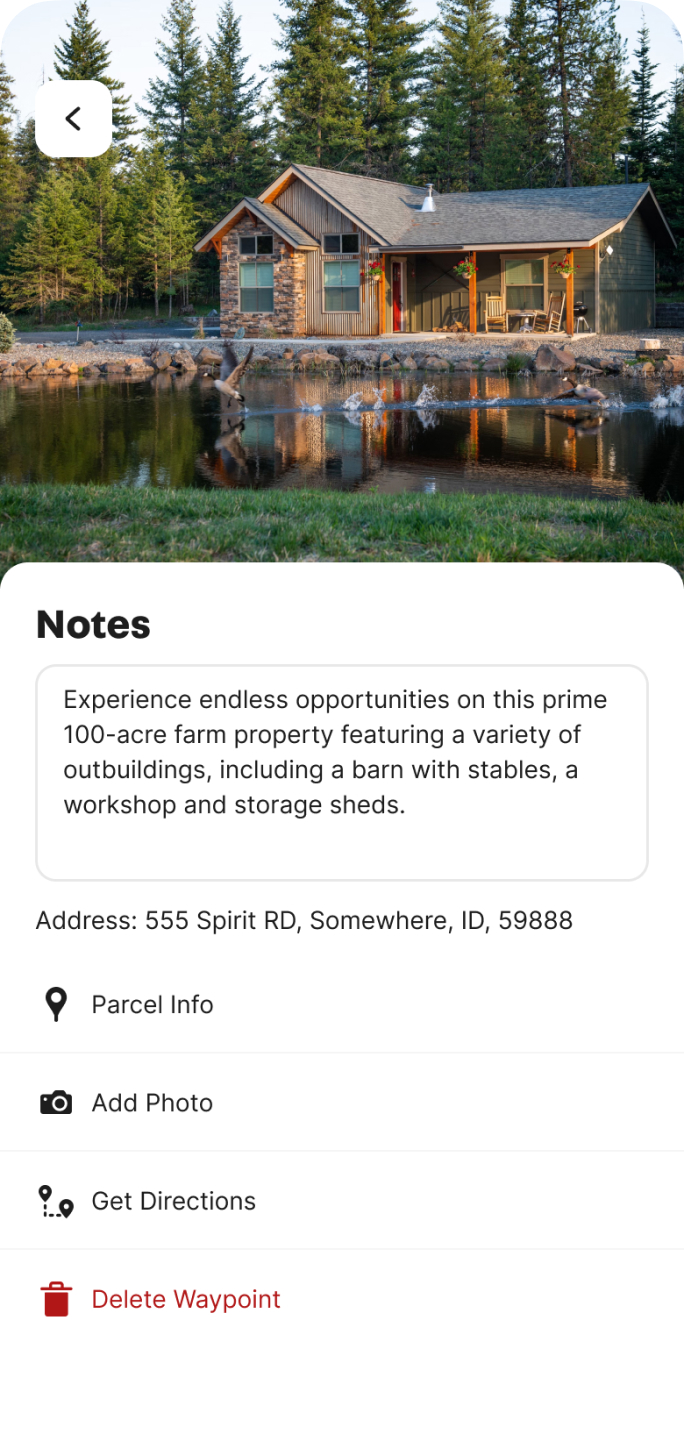 A screenshot of the Land ID app with notes on a cabin property.