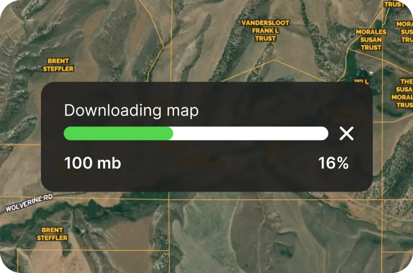 Map downloading screen over green map