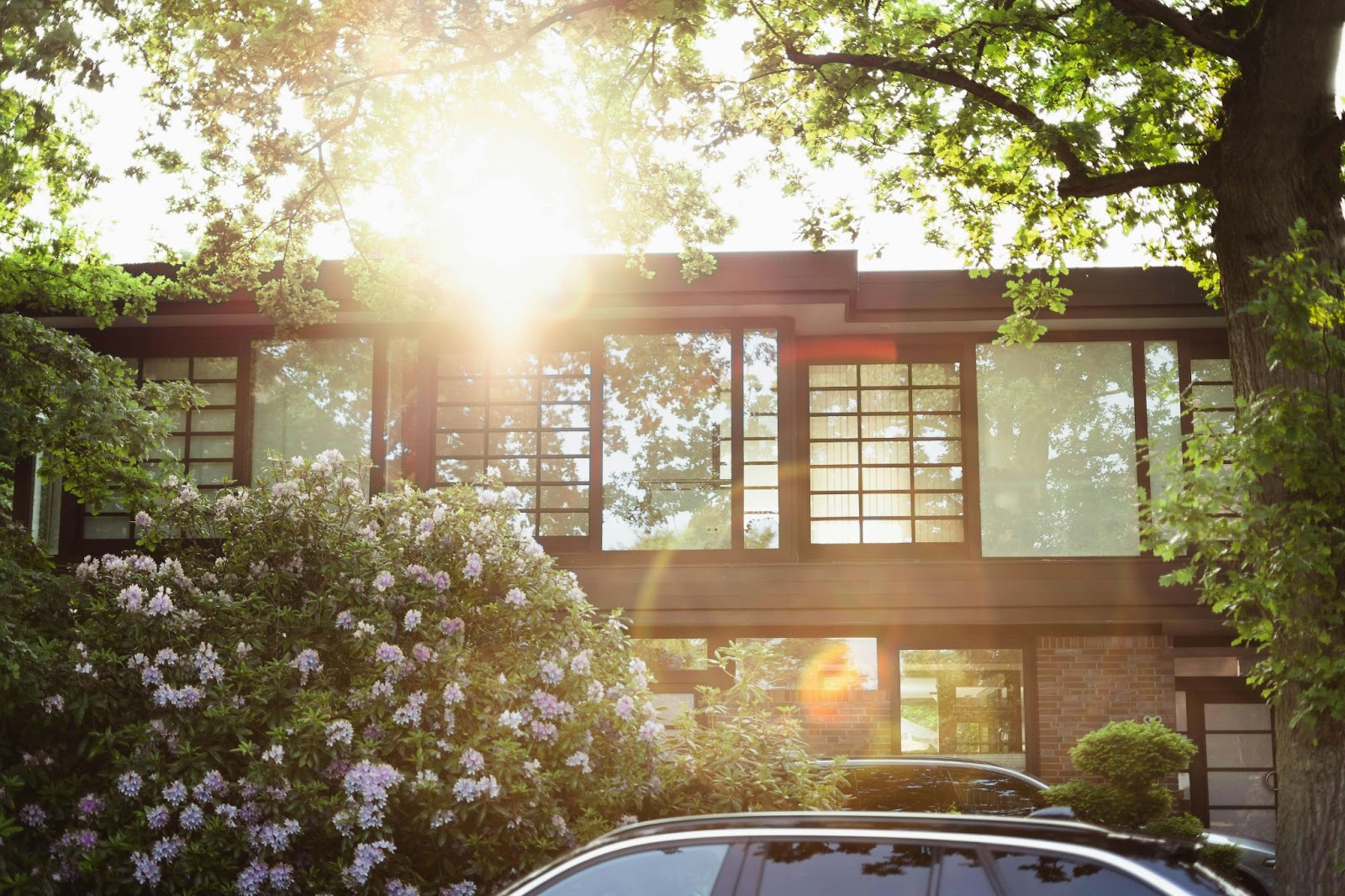 Shot of a house in the city with large windows as the sun sets