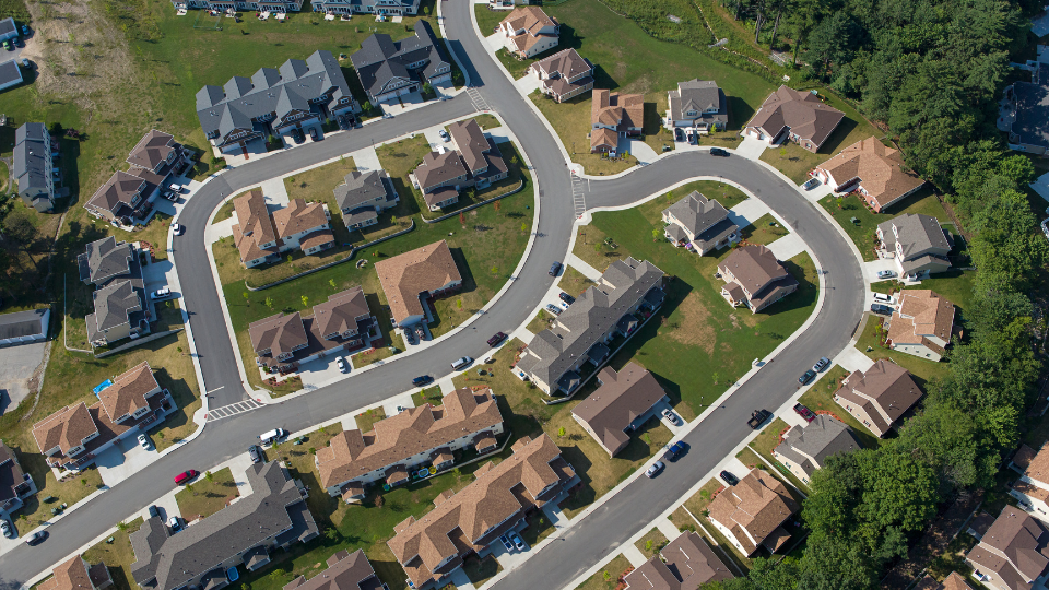 An aerial view of a residential neighborhood