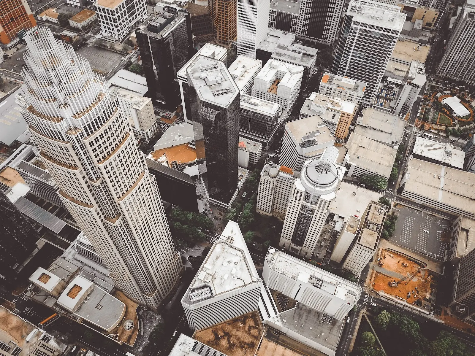 Drone view of a city's large buildings
