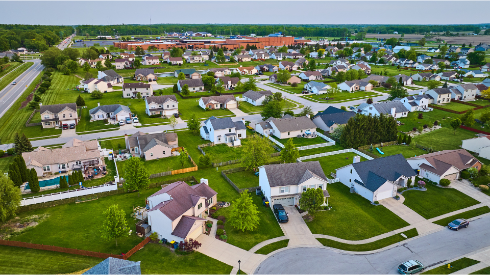 An aerial view of a suburban neighborhood