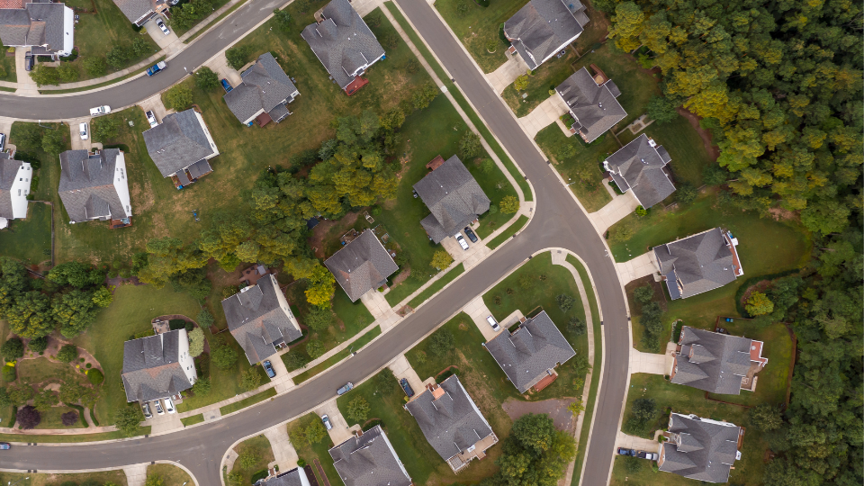 An aerial view of a suburban neighborhood