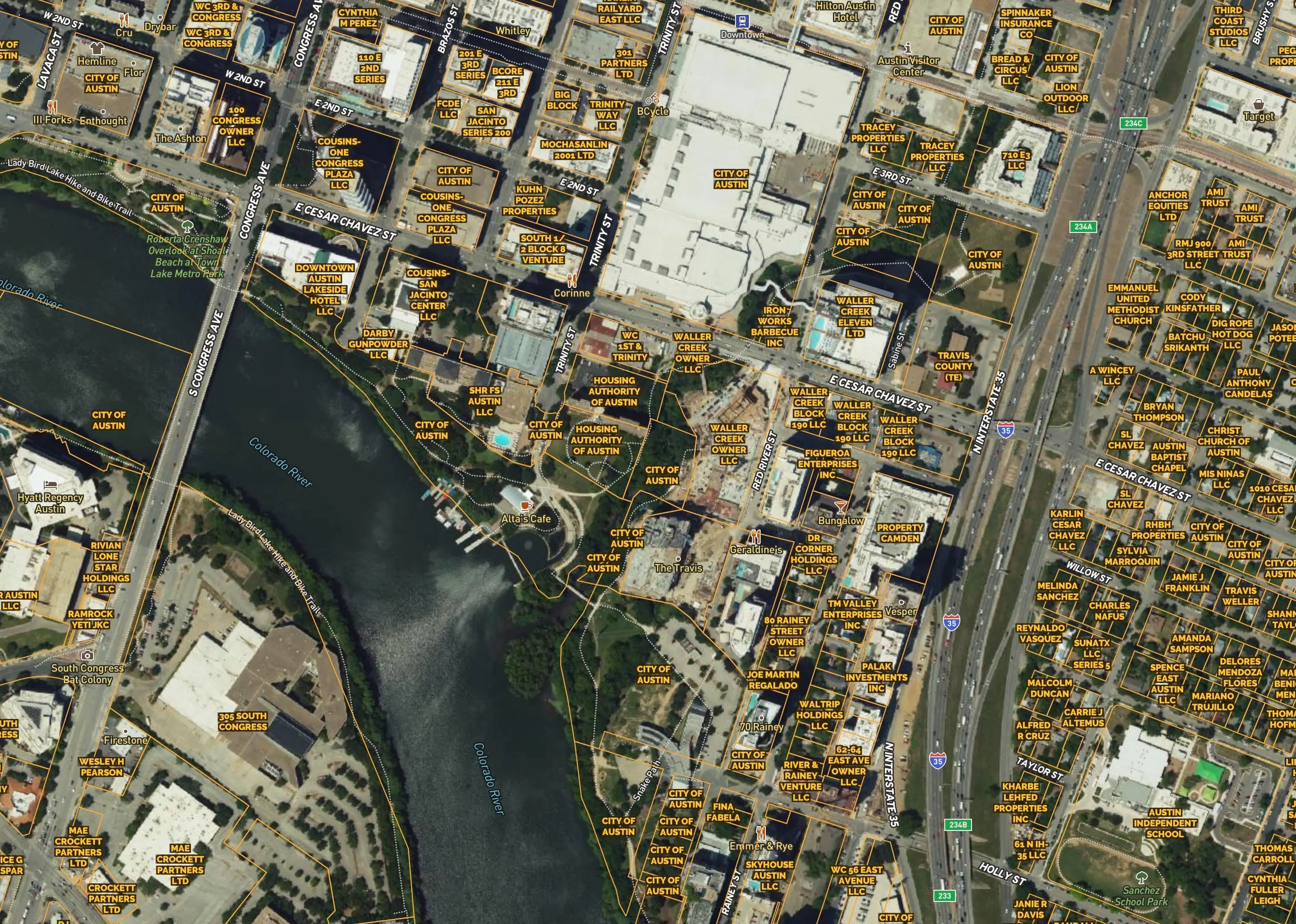 An aerial view of a property map with boundaries and property ID markers