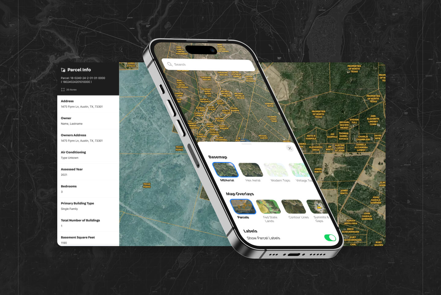 A 3d mockup of a smart phone displaying the Land id mobile app.