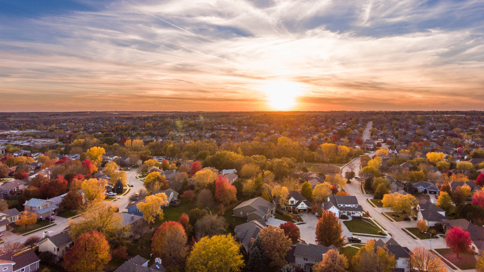 Aerial view of a residential neighborhood in the fall