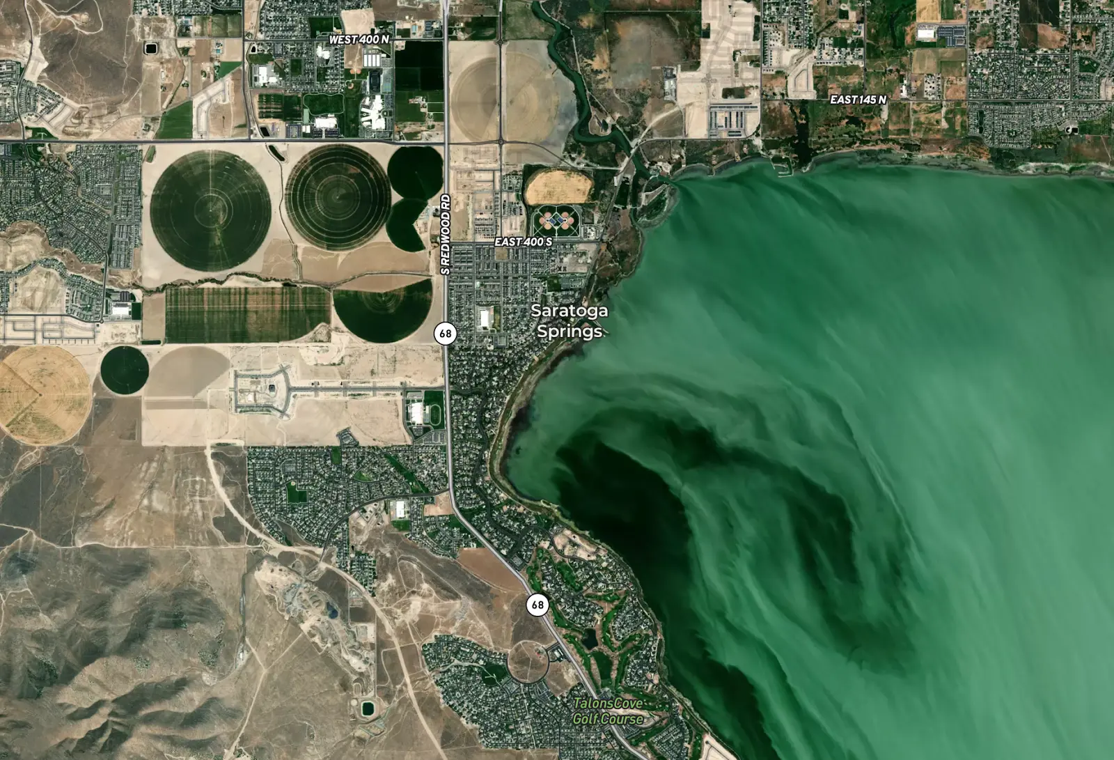 An aerial green and brown map