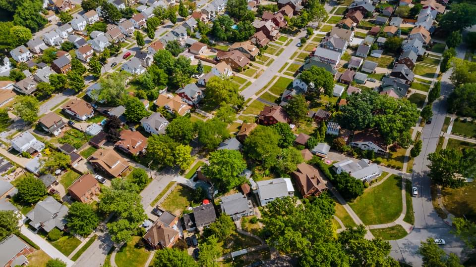 An aerial view of a suburban neighborhood