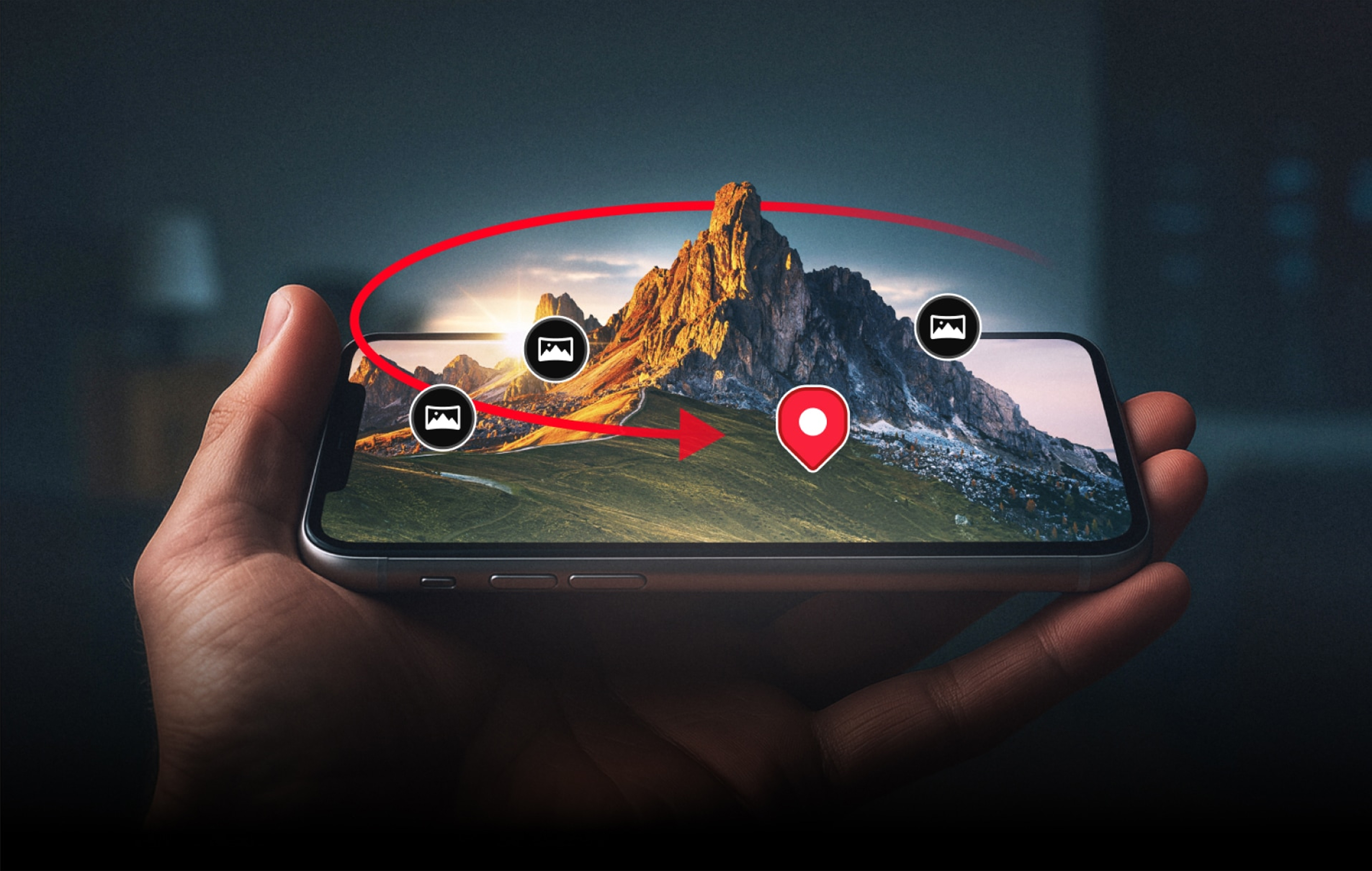 A hyper-realistic image of a mountain extending out of a mobile device