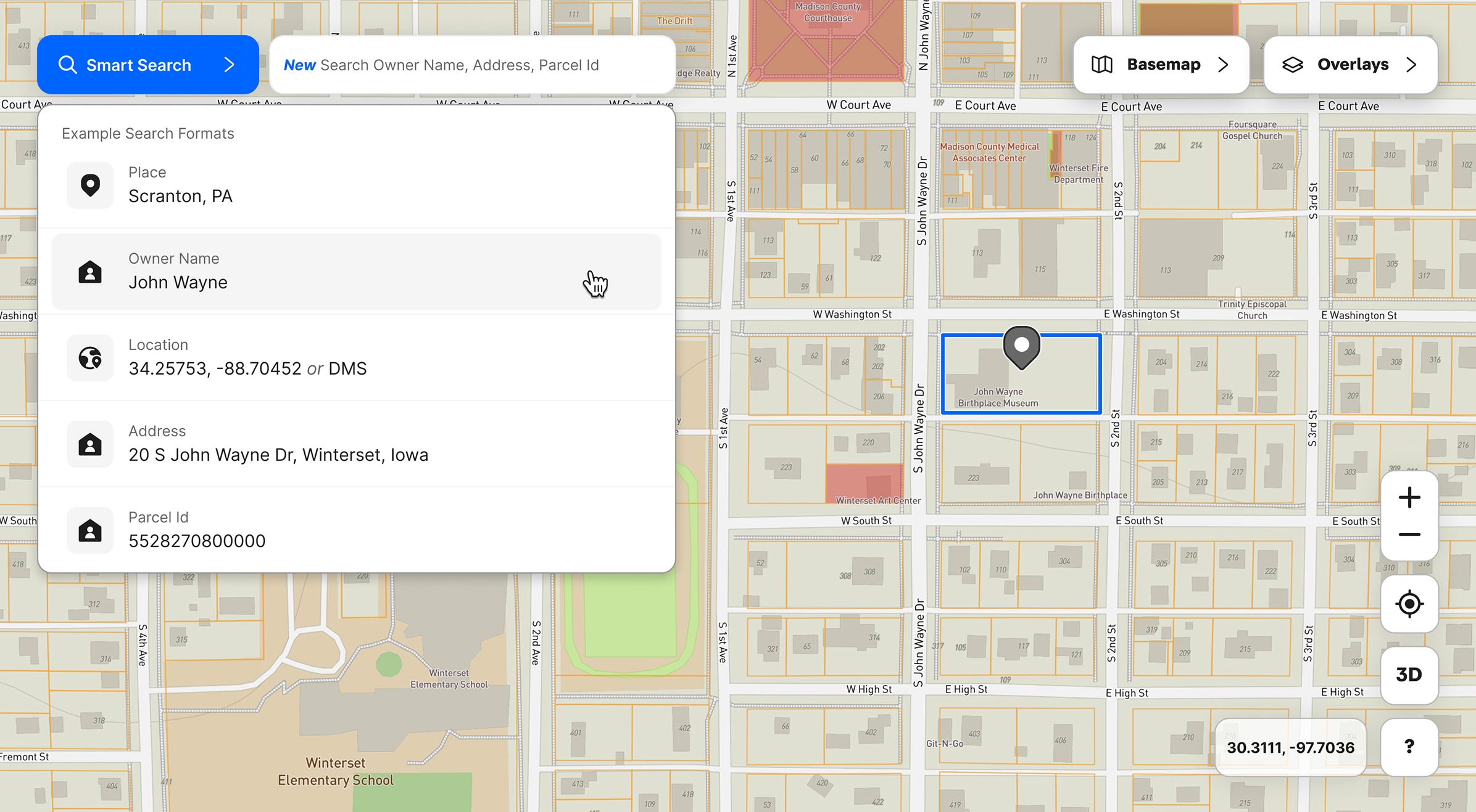 Sky-view of a map with precise locations