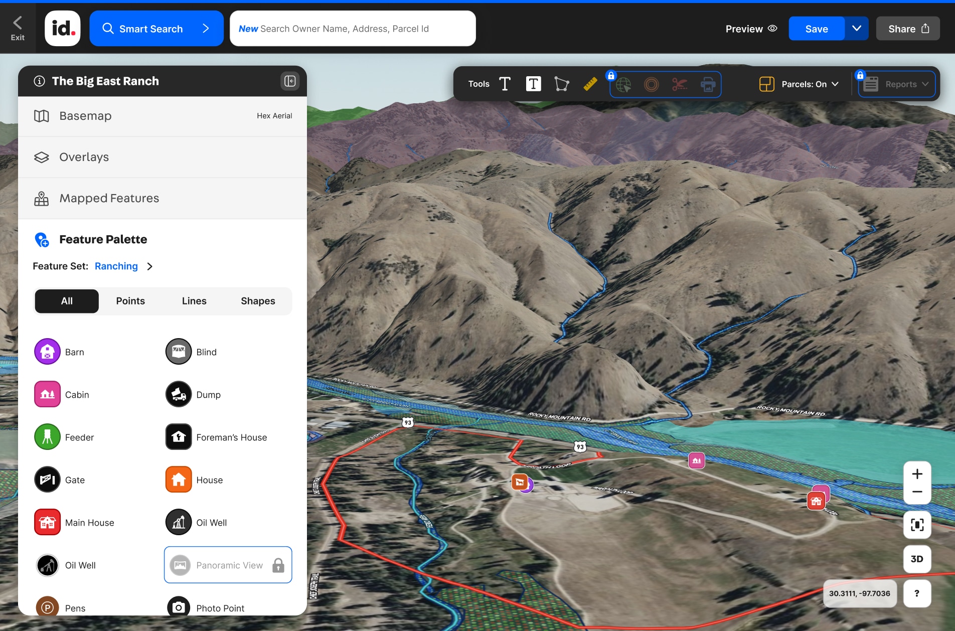 Screenshot of map making tools and a map of a mountain landscap