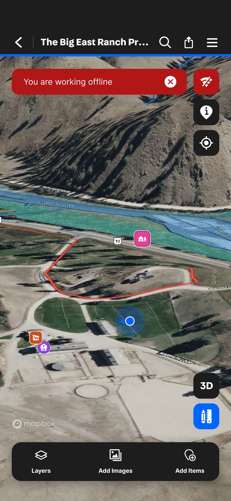 Screenshot of the Land id mobile app showing a map image and an alert bar that reads, "You are working on offline mode."