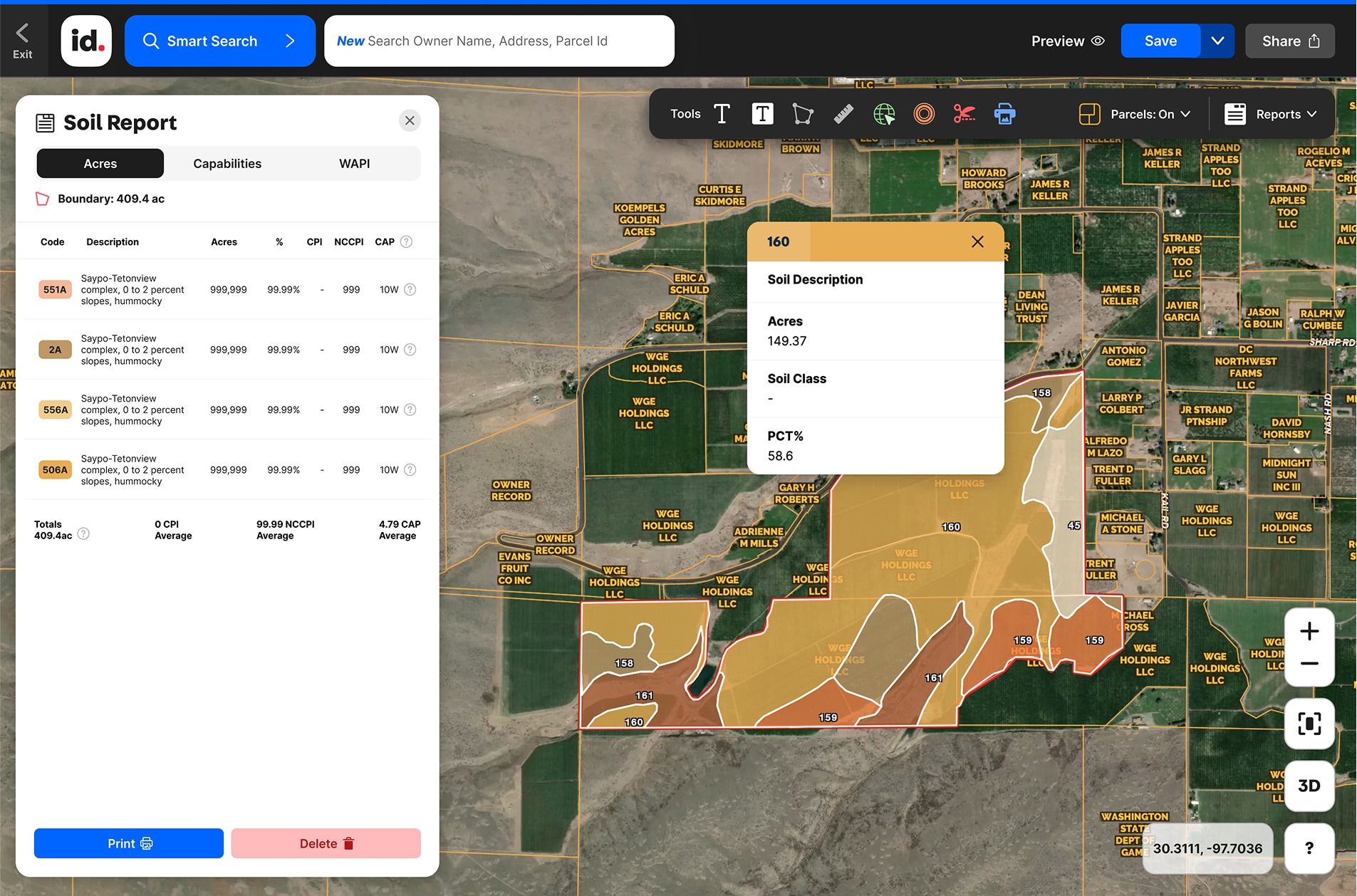 detailed search of locations and soil reports
