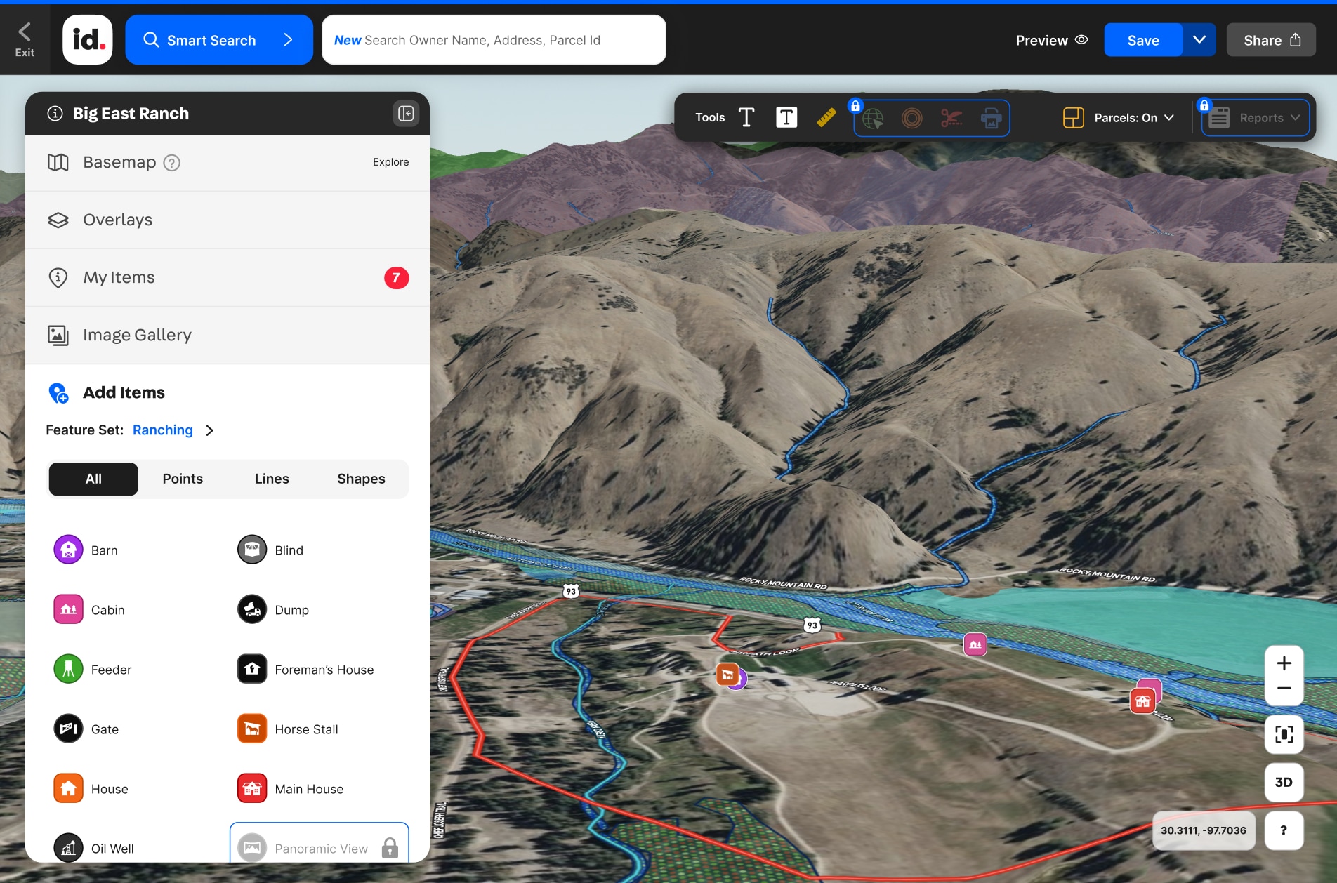 Screenshot of map making tools and a map of a mountain landscap