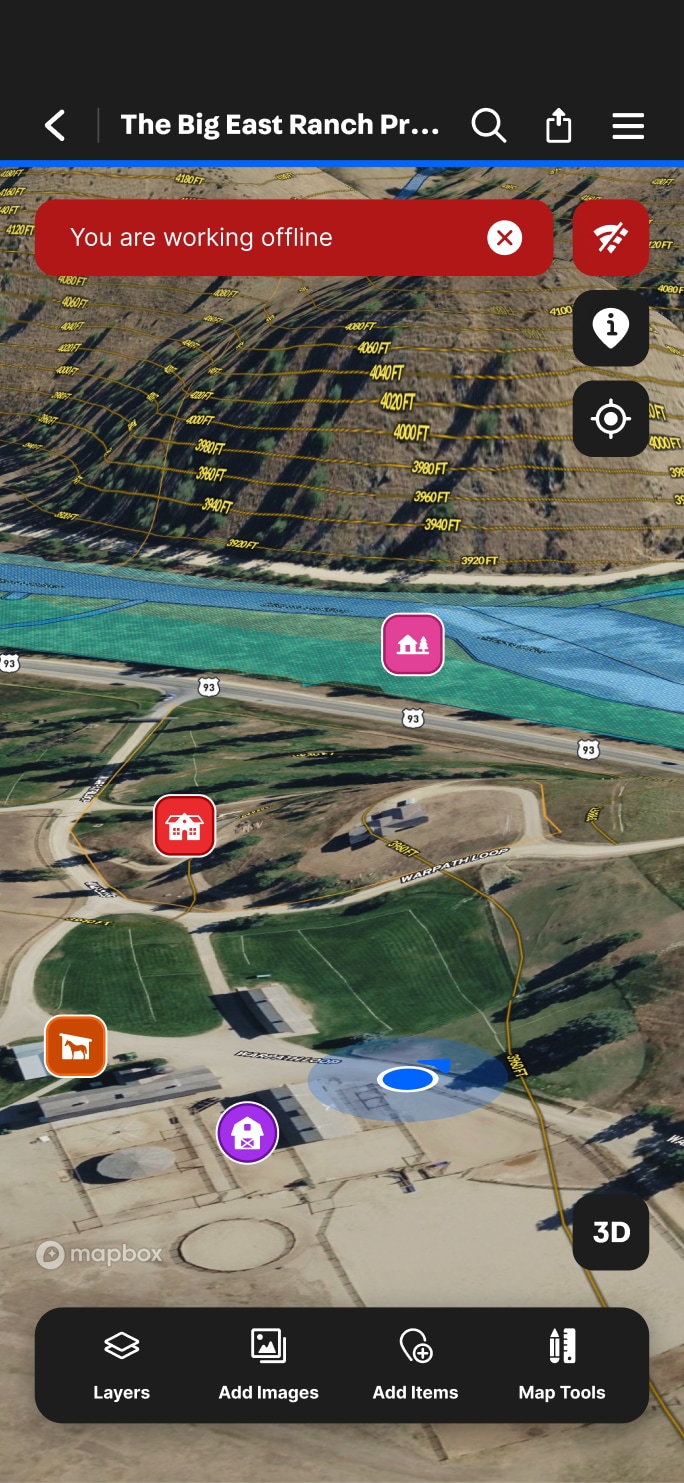 Screenshot of the Land id mobile app showing a map image and an alert bar that reads, "You are working on offline mode."