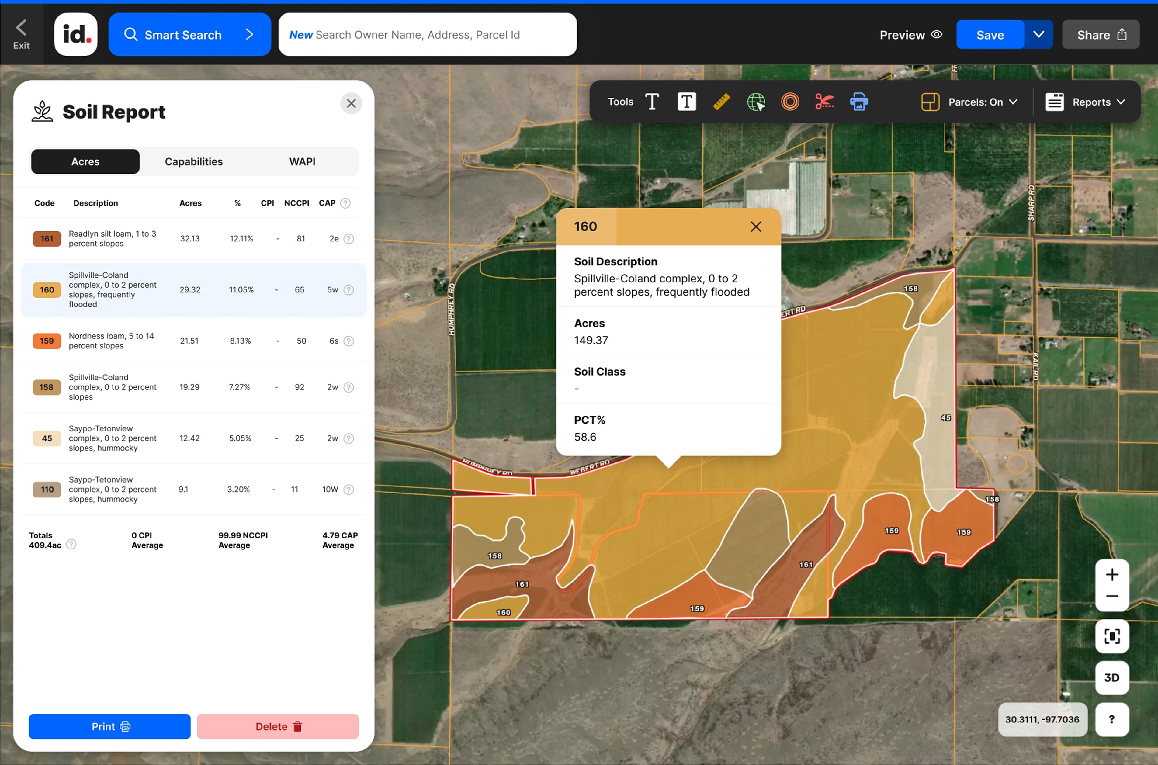 detailed search of locations and soil reports