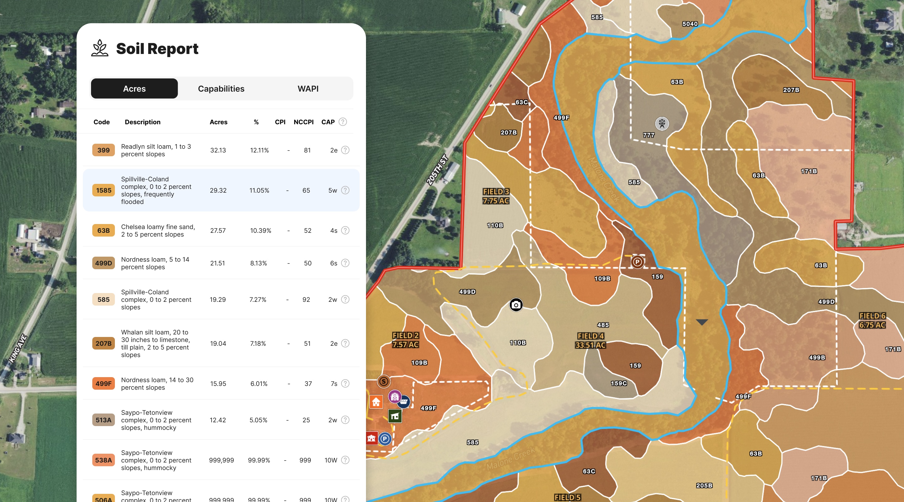 Soil description of acres with a soil report
