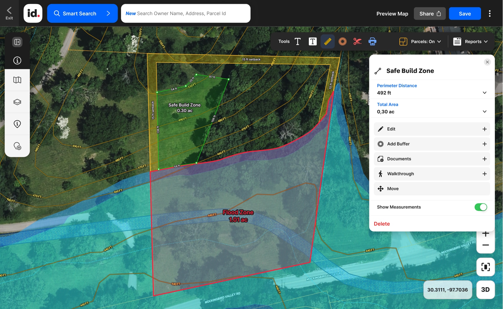 Digital map interface showing a "Safe Build Zone" and a "Flood Zone." The safe zone is highlighted in green, while the flood zone is in gray, bordered by red. Menu options are visible on the right.