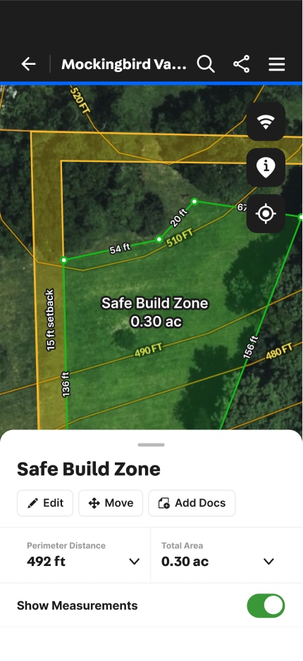 Aerial map highlighting a "Safe Build Zone" of 0.30 acres with perimeter measurements in feet. Green lines and text emphasize the designated area.