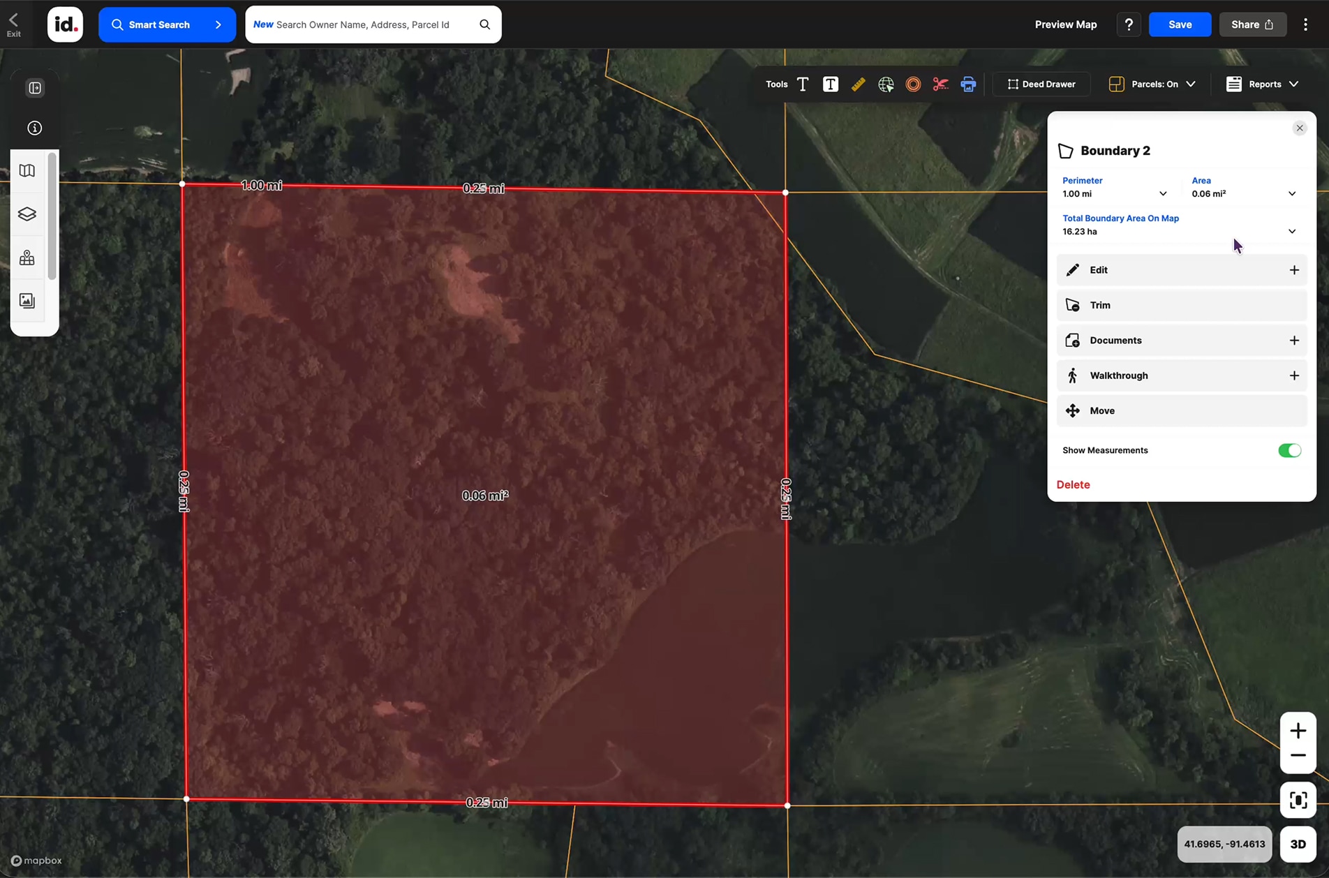 Aerial view of a forested area marked with a red boundary line on a digital map interface. Sidebar shows land details; tone is informative and technical.