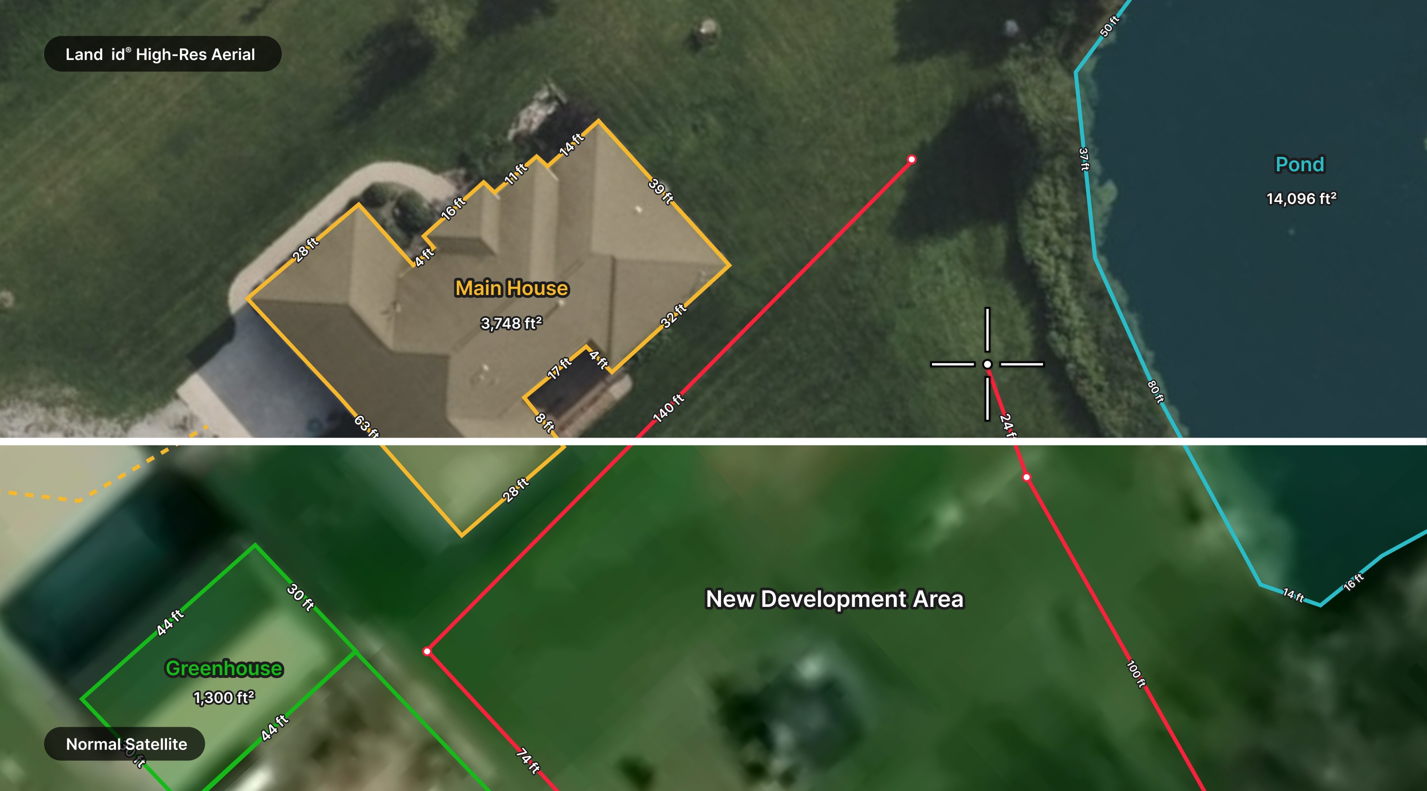 Aerial view split into two panels. Top shows a house near a pond with outlined boundaries. Bottom shows a greenhouse and marked "New Development Area."