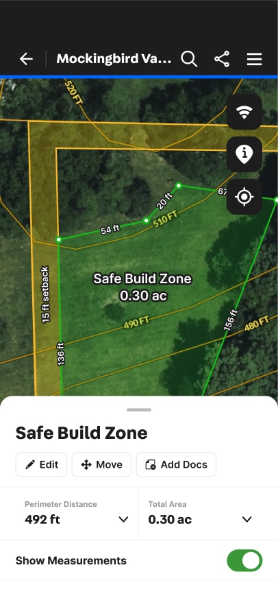 Aerial map highlighting a "Safe Build Zone" of 0.30 acres with perimeter measurements in feet. Green lines and text emphasize the designated area.