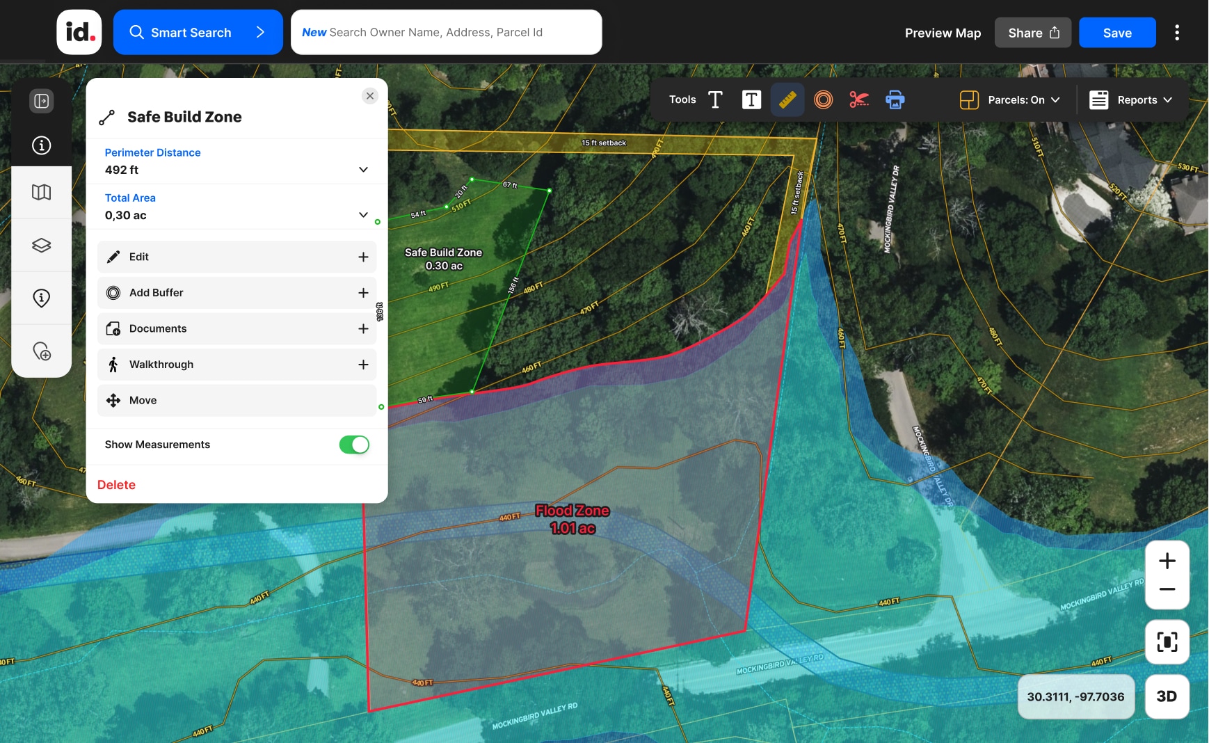 Digital map interface showing a "Safe Build Zone" and a "Flood Zone." The safe zone is highlighted in green, while the flood zone is in gray, bordered by red. Menu options are visible on the right.